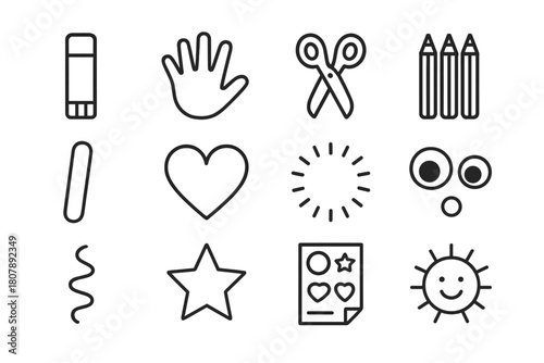 Kids Craft Icons. Kids craft time. Line icon set of kids craft time: glue stick, child handprint, safety scissors, colored pencils, popsicle stick, paper