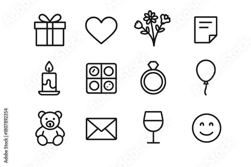 Thoughtful Gift Icons. Thoughtful gift set. Line icon set of Thoughtful gift set: gift box, heart, flowers, handwritten note, candle, chocolates, ring,