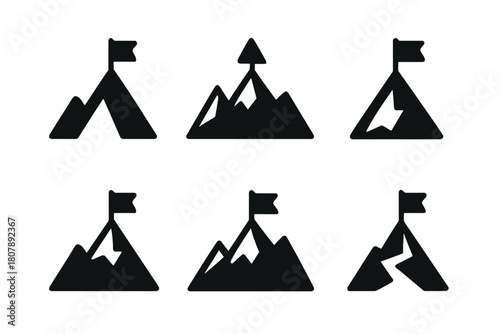 Mountain Logos Grid. Self-motivation. Icon set. Set Logo of Mountain Peak: Goal achievement. Flat solid, Symmetrical form, Stylized detail, Iconic shape,