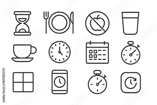 Intermittent Fasting Icons. Intermittent fasting. Line icon set of intermittent fasting: hourglass, plate, fork, knife, no food symbol, water glass, tea cup,