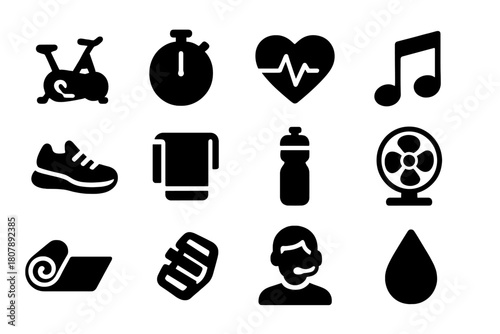 Gym Class Icons. Group class. Solid icon set of Group class: spinning bike, timer, heart rate, music note, shoes, towel, water bottle, fan, gym mat, pedal,