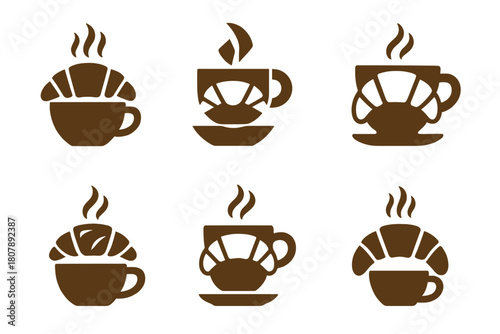 Coffee and Pastries Icons. Coffee and pastries. Solid icon set of coffee and pastries: coffee cup, croissant, donut, muffin, cookie, teapot, spoon, plate,