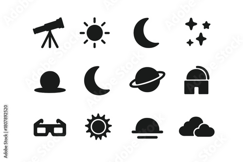 Skywatching Icon Set. Skywatching. Solid icon set of Skywatching: telescope, sun, moon, stars, shadow, crescent moon, planet, observatory, eclipse glasses,