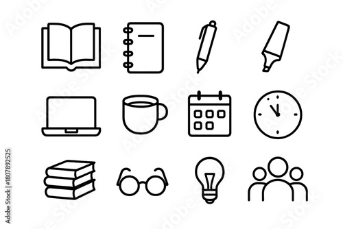 Study Group Essentials. Study group. Line icon set of study group: open book, notebook, pen, highlighter, laptop, coffee cup, calendar, clock, stack of books,