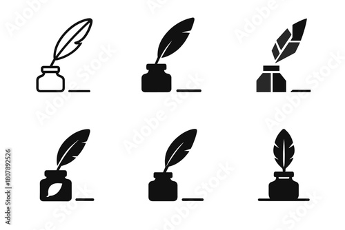 Elegant Logo Variations. Poetic expression. Icon set. Set Logo of poetic expression: quill and ink bottle beside a verse line. harmonious logo variations of