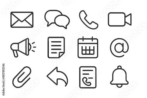 Corporate Communication Icons. Corporate communication. Line icon set of corporate communication: email envelope, chat bubbles, phone handset, video camera,