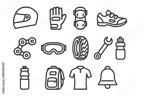 Biker Gear Icons. Biker gear. Line icon set of biker gear: helmet, gloves, knee pads, bike shoes, chain, goggles, tire, wrench, water bottle, backpack, jersey,