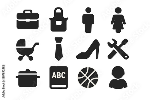 Work-Life Icon Set. Work-Life Balance. Solid icon set of Work-Life Balance: briefcase, apron, man, woman, baby stroller, tie, high heel, tools, cooking pot,