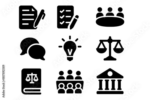 Policy Icons Set. Policy making. Solid icon set of Policy making: document, pen, checklist, discussion table, speech bubble, lightbulb, scales, law book,