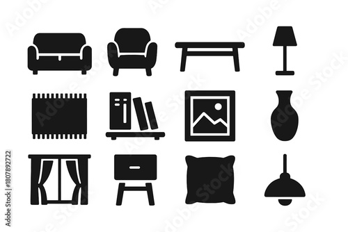 Contemporary Decor Icons. Contemporary Decor. Solid icon set of Contemporary Decor: sofa, armchair, coffee table, floor lamp, rug, bookshelf, wall art, vase,