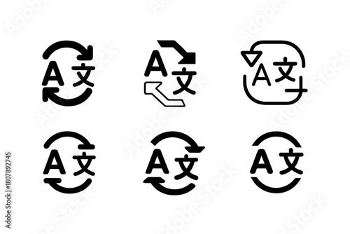 Language Services Icon Set. Language services. Line icon set of Language services: translator, interpreter, speech bubble, laptop, headphones, microphone,