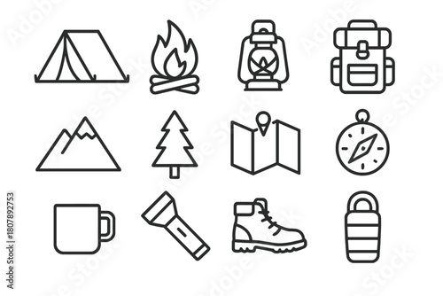 Camping Icons Set. Camping trip. Line icon set of Camping trip: tent, backpack, sleeping bag, campfire, lantern, hiking boots, water bottle, map, compass,