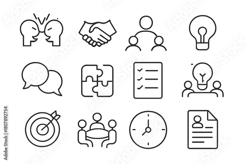 Conflict Resolution Icons. Conflict Resolution. Line icon set of Conflict Resolution: handshake, dove, heart, flag, scale, document, peace symbol, olive