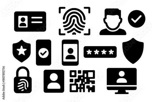 Identity Verification Icons. Identity verification. Solid icon set of Identity verification: ID document, fingerprint scan, face recognition, checkmark,