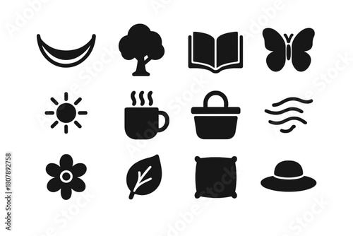Nature Relaxation Icons. Relaxation in nature. Solid icon set of Relaxation in nature: hammock, tree, open book, butterfly, sunshine, tea mug, picnic basket,