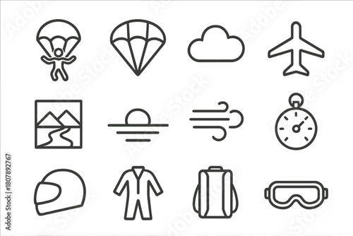 Aerial Icon Set. Aerial view. Line icon set of aerial view: parachutist, parachute, cloud, airplane, landscape, horizon, wind gust, altimeter,