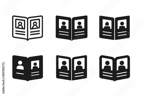 Family Album Icons. Creating family photo albums and scrapbooks. Icon set. Set Logo of creating family photo albums and scrapbooks: open photo album with