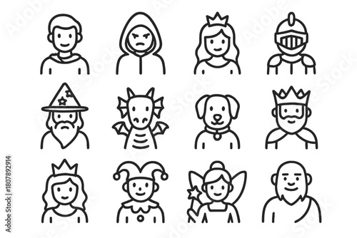 Story Character Icons. Story characters. Line icon set of story characters: hero, villain, princess, knight, wizard, dragon, animal companion, king, queen,