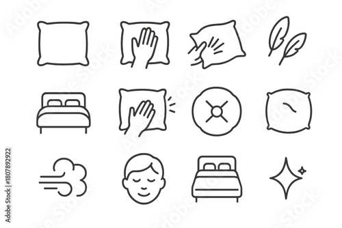 Fluffing Pillows Icons. Fluffing Pillows. Line icon set of Fluffing Pillows: pillow, hand fluffing pillow, feathers, bed, blanket, cushion, puff of air, hand