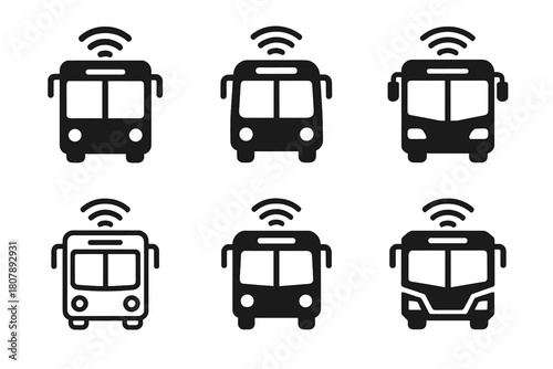 Autonomous Transport Logos. autonomous public transport. Icon set. Set Logo of autonomous public transport: sensor-equipped minibus. harmonious logo variations