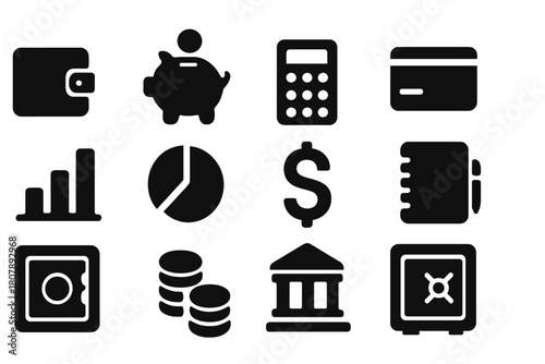 Wealth Icons Grid. Wealth Planning. Solid icon set of Wealth Planning: wallet, piggy bank, calculator, credit card, bar chart, pie chart, dollar
