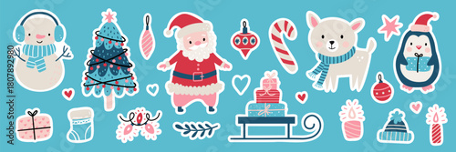 Cute Christmas sticker set featuring Santa, snowman, penguin, deer, decorated tree, gifts, ornaments, candy cane, winter elements. Festive holiday vector illustration for cards, wrapping, and decor