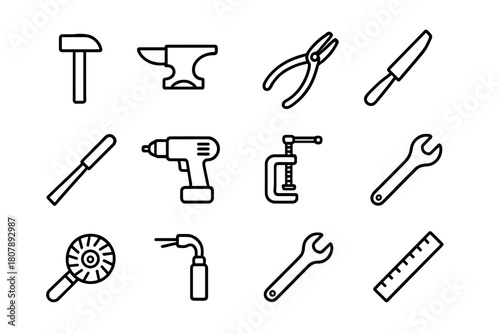 Craft Metal Tools Icons. Craft Metal Tools. Line icon set of Craft Metal Tools: hammer, anvil, pliers, saw, file, drill, clamp, chisel, polishing wheel, torch,