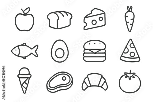 Monochrome Food Icons. Food. Line icon set of Food: apple, bread, cheese, carrot, fish, egg, burger, pizza slice, ice cream, steak, croissant, tomato. All