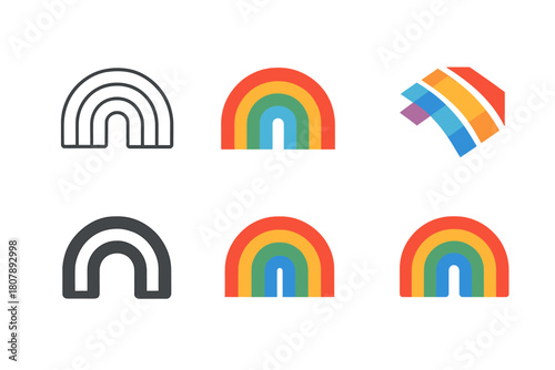 Rainbow Logo Variations. Rainbow. Icon set. Set Logo of rainbow: spectrum color bands. harmonious logo variations of the same emblematic concept, each with