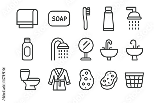 Bathroom Essentials Icons. Bathroom essentials. Line icon set of bathroom essentials: towel, soap bar, toothbrush, toothpaste, shampoo bottle, shower head,