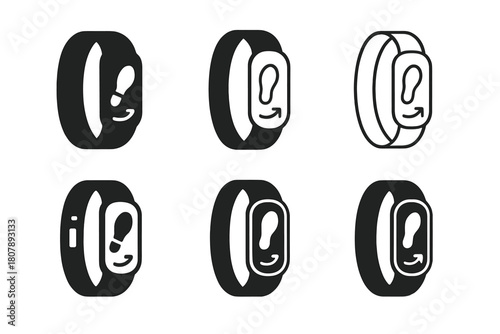Fitness Tracker Icons. A close-up of a fitness tracker or smartwatch showing workout stats. Icon set. Set Logo of fitness tracker: band-style tracker showing