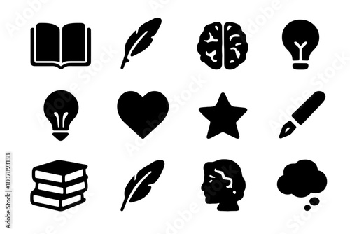 Literary Inspiration Icons. Literary inspiration. Solid icon set of Literary inspiration: open book, quill, ink bottle, brain, lightbulb, heart, star, pen,