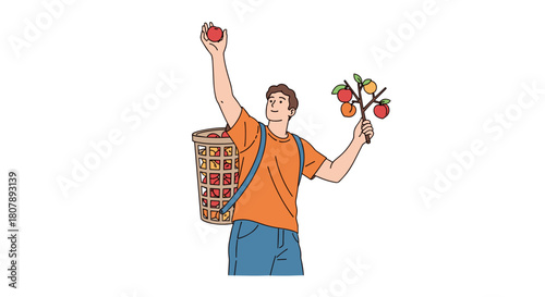 Harvest season joy young farmer picking ripe apples from tree with basket full bounty