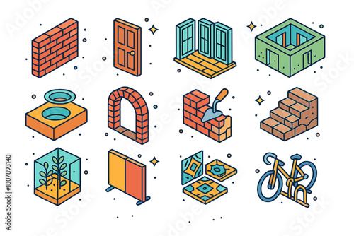Colorful Isometric Reuse Icons. Adaptive reuse with low-impact methods. Colorful isometric vector icons set of Adaptive reuse with low-impact
