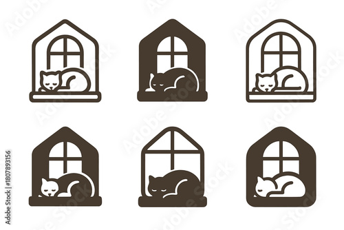 Pet-Friendly Logos. Pet-friendly home ideas. Icon set. Set Logo of pet-friendly home ideas: window seat with sleeping pet. harmonious logo variations of the