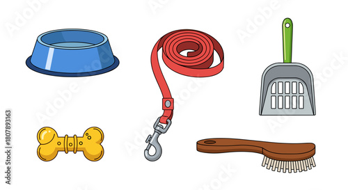 Pet care essentials vector set featuring leash, bowl, scooper, brush and bone toy