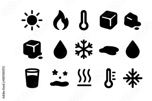 Energy Transfer Icons. Energy transfer. Solid icon set of Energy transfer: sun, flame, thermometer, ice cube, melting ice, water droplet, snowflake, puddle,