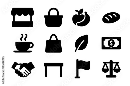 Local Market Icons. Local market. Solid icon set of local market: tent, basket, fruit, bread, coffee cup, bag, leaf, money, handshake, table, flag, scale.