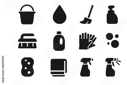 Cleaning Tools Icons. Cleaning tools. Solid icon set of cleaning tools: mop, broom, dustpan, bucket, sponge, gloves, spray bottle, towel, brush, soap, vacuum,