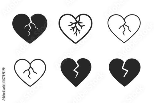 Cracked Heart Icons. Crushed spirit. Icon set. Set Logo of crushed spirit: cracked glass heart shape. harmonious logo variations of the same emblematic