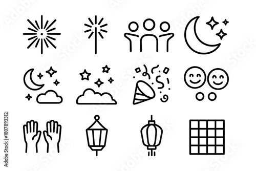 Firework Icon Set. Firework celebration. Line icon set of Firework celebration: fireworks, sparklers, group of people, crescent moon, night sky, stars, party