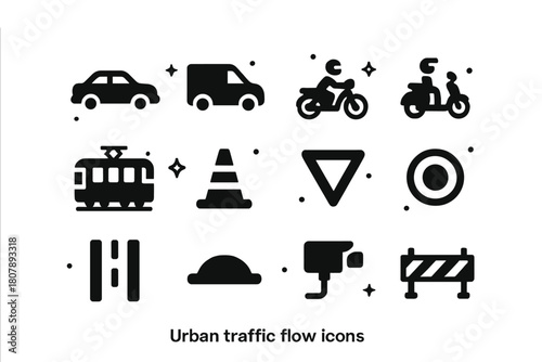 Urban Traffic Icons. Urban traffic flow. Solid icons set of Urban traffic flow: sedan, delivery van, motorcycle, scooter, tram, traffic cone, yield sign, speed