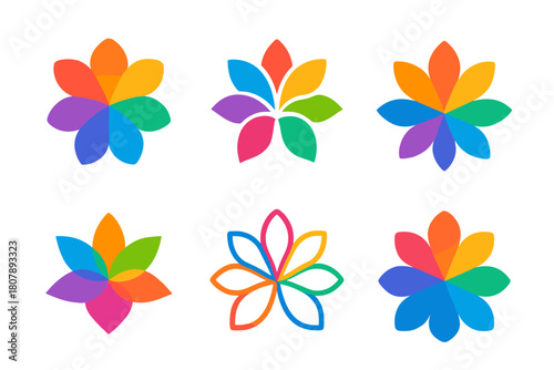 Colorful Flower Icons. Vibrant colors. Icon set. Set Logo of vibrant colors: abstract flower made of rainbow petals. harmonious logo variations of the same