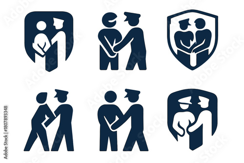 Arrest Scene Icons. Person Arrested on Suspicion of Crime. Icon set. Set Logo of Arrest Scene: courthouse and gavel symbol. harmonious logo variations of the