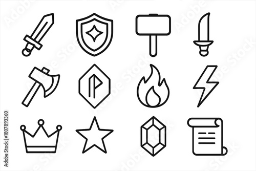 Legendary Weapon Icons. Legendary Weapon. Line icon set of Legendary Weapon: sword, shield, hammer, dagger, axe, rune, flame, lightning, crown, star, gem,