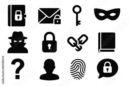 Mysterious Icons Set. Mysterious Burden. Solid icon set of Mysterious Burden: shadowed face, mask, locked diary, key, envelope, padlock, chains, closed book,