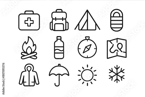 Emergency Kit Icons. Emergency kit. Line icon set of Emergency kit: first aid kit, backpack, tent, sleeping bag, fire, water bottle, compass, map, jacket,