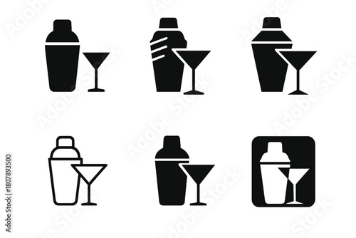 Alcohol Icon Designs. Alcohol. Icon set. Set Logo of alcohol: cocktail shaker and glass. harmonious logo variations of the same emblematic concept, each with