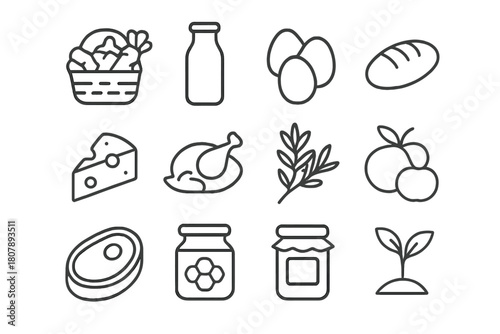 Farm Fresh Icons. Farm Fresh. Solid icon set of Farm Fresh: egg, nest, hen, chick, basket, feathers, coop, grass, carton, milk bottle, wheat stalk, sunrise.