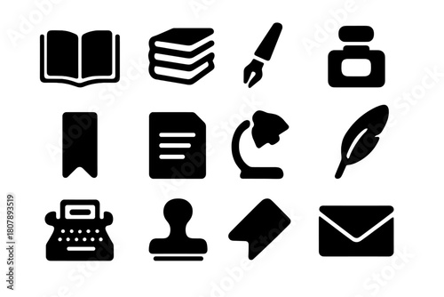 Book Publishing Icons. Book publishing. Solid icon set of book publishing: open book, stack of books, pen, quill, ink bottle, bookmark, paper, lamp, feather,
